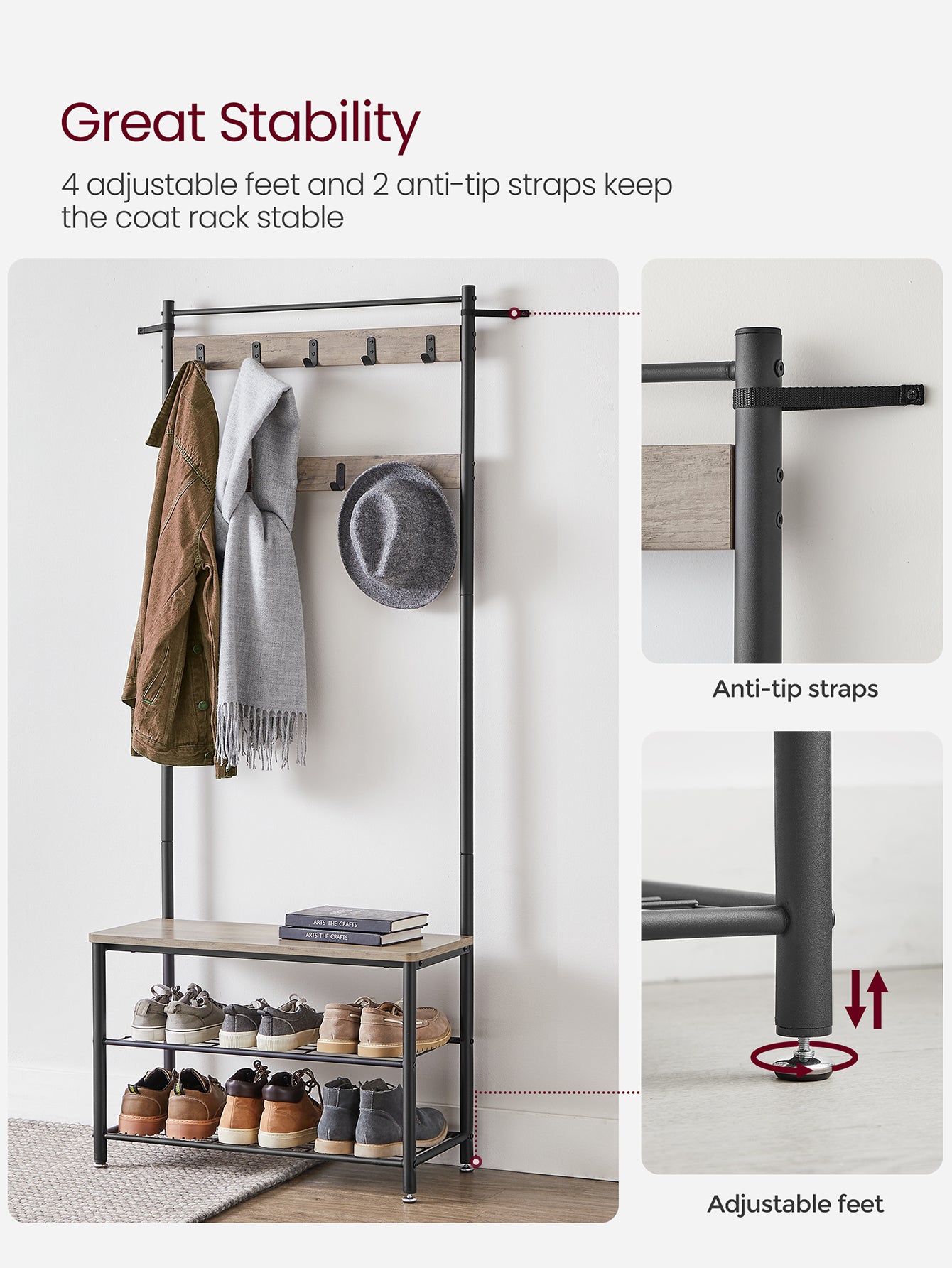 VASAGLE Coat Rack, Hall Tree With Shoe Storage Bench, Entryway Bench With Shoe Storage, 3-In-1, Steel Frame