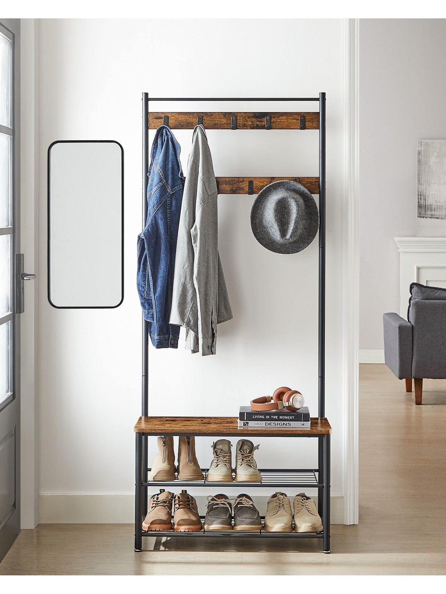 VASAGLE Coat Rack, Hall Tree With Shoe Storage Bench, Entryway Bench With Shoe Storage, 3-In-1, Steel Frame
