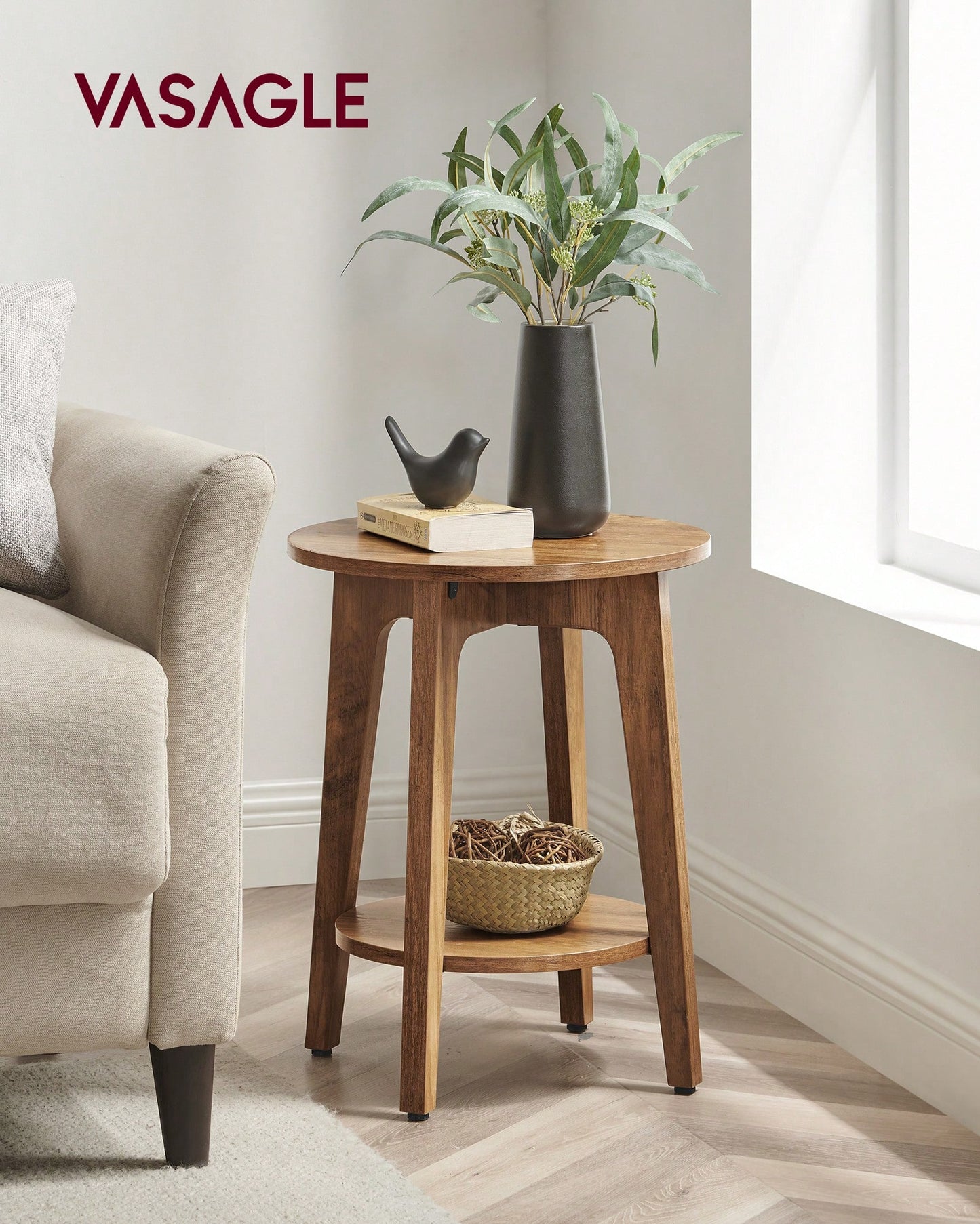 VASAGLE Round End Table With Lower Shelf, Side Table, Nightstand For Small Spaces, 15.8 X15.8 X 19.7 Inches, Room Decor, Grey And Brown