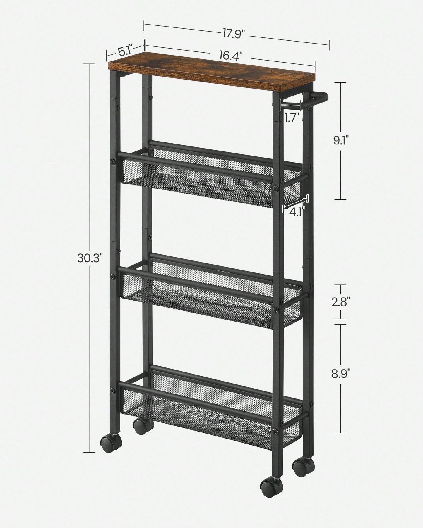 VASAGLE Slim Storage Cart, 4-Tier Rolling Cart Tower, Slide Out Cart With Handle Metal Mobile Shelving Unit For Kitchen Dining Living Room Office Narrow Places