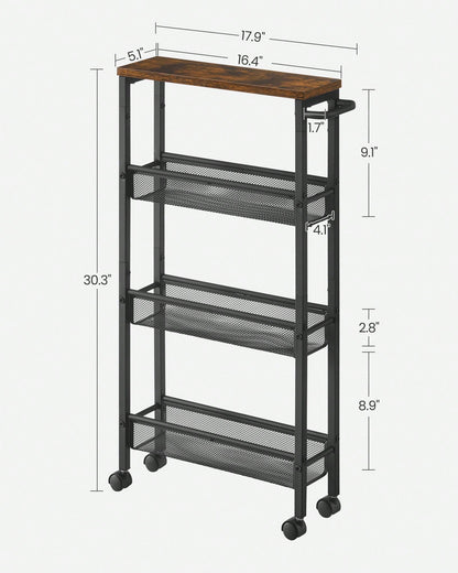 VASAGLE Slim Storage Cart, 4-Tier Rolling Cart Tower, Slide Out Cart With Handle Metal Mobile Shelving Unit For Kitchen Dining Living Room Office Narrow Places