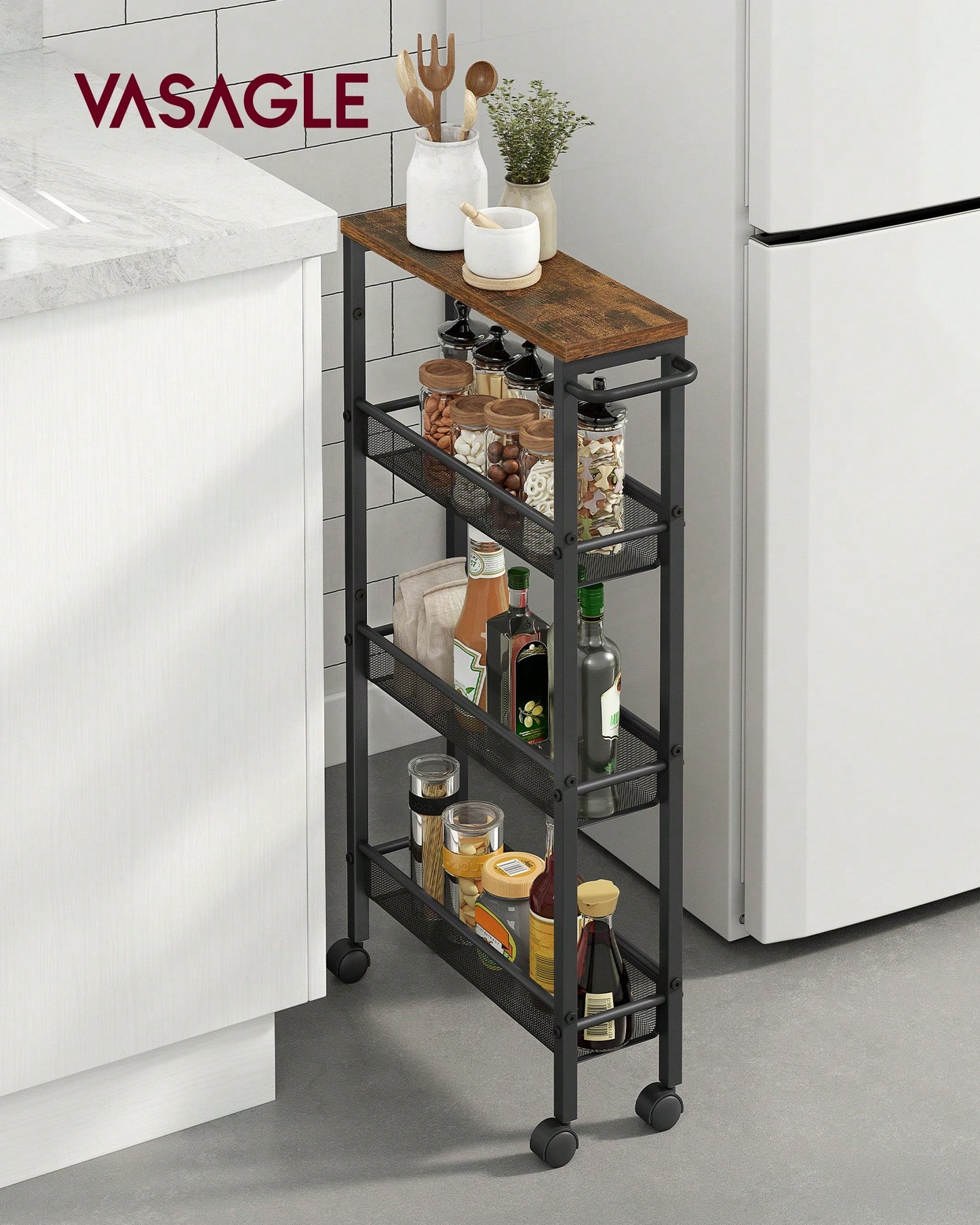 VASAGLE Slim Storage Cart, 4-Tier Rolling Cart Tower, Slide Out Cart With Handle Metal Mobile Shelving Unit For Kitchen Dining Living Room Office Narrow Places