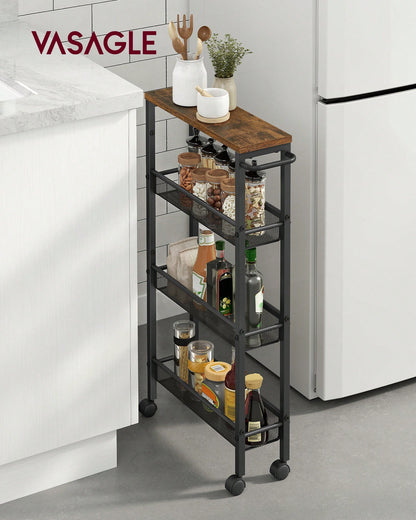 VASAGLE Slim Storage Cart, 4-Tier Rolling Cart Tower, Slide Out Cart With Handle Metal Mobile Shelving Unit For Kitchen Dining Living Room Office Narrow Places