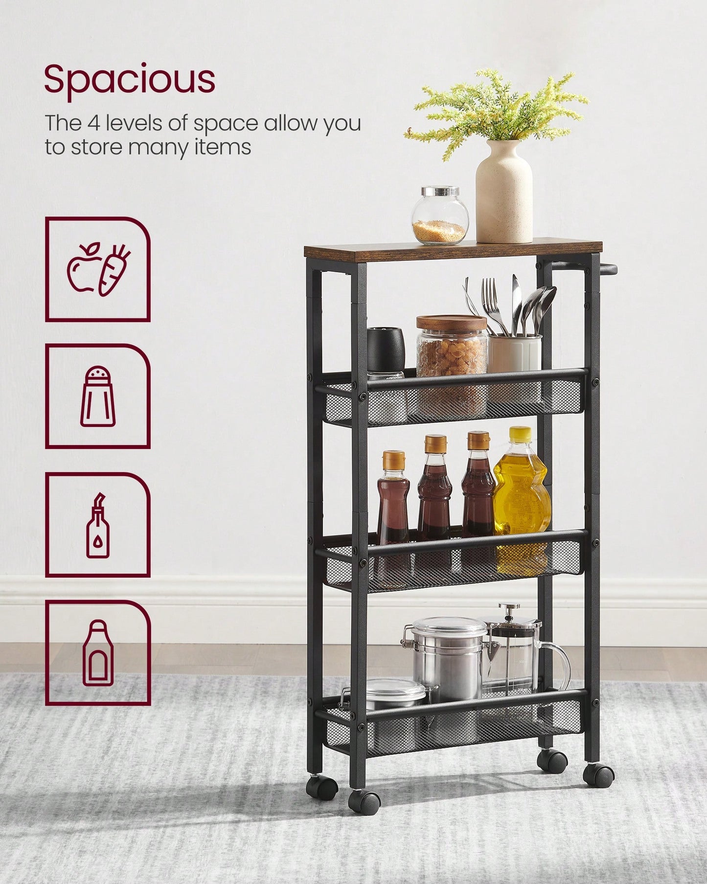 VASAGLE Slim Storage Cart, 4-Tier Rolling Cart Tower, Slide Out Cart With Handle Metal Mobile Shelving Unit For Kitchen Dining Living Room Office Narrow Places