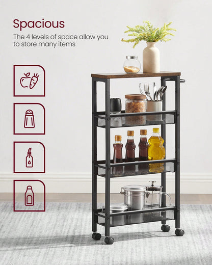VASAGLE Slim Storage Cart, 4-Tier Rolling Cart Tower, Slide Out Cart With Handle Metal Mobile Shelving Unit For Kitchen Dining Living Room Office Narrow Places