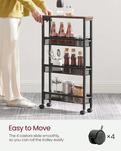 VASAGLE Slim Storage Cart, 4-Tier Rolling Cart Tower, Slide Out Cart With Handle Metal Mobile Shelving Unit For Kitchen Dining Living Room Office Narrow Places