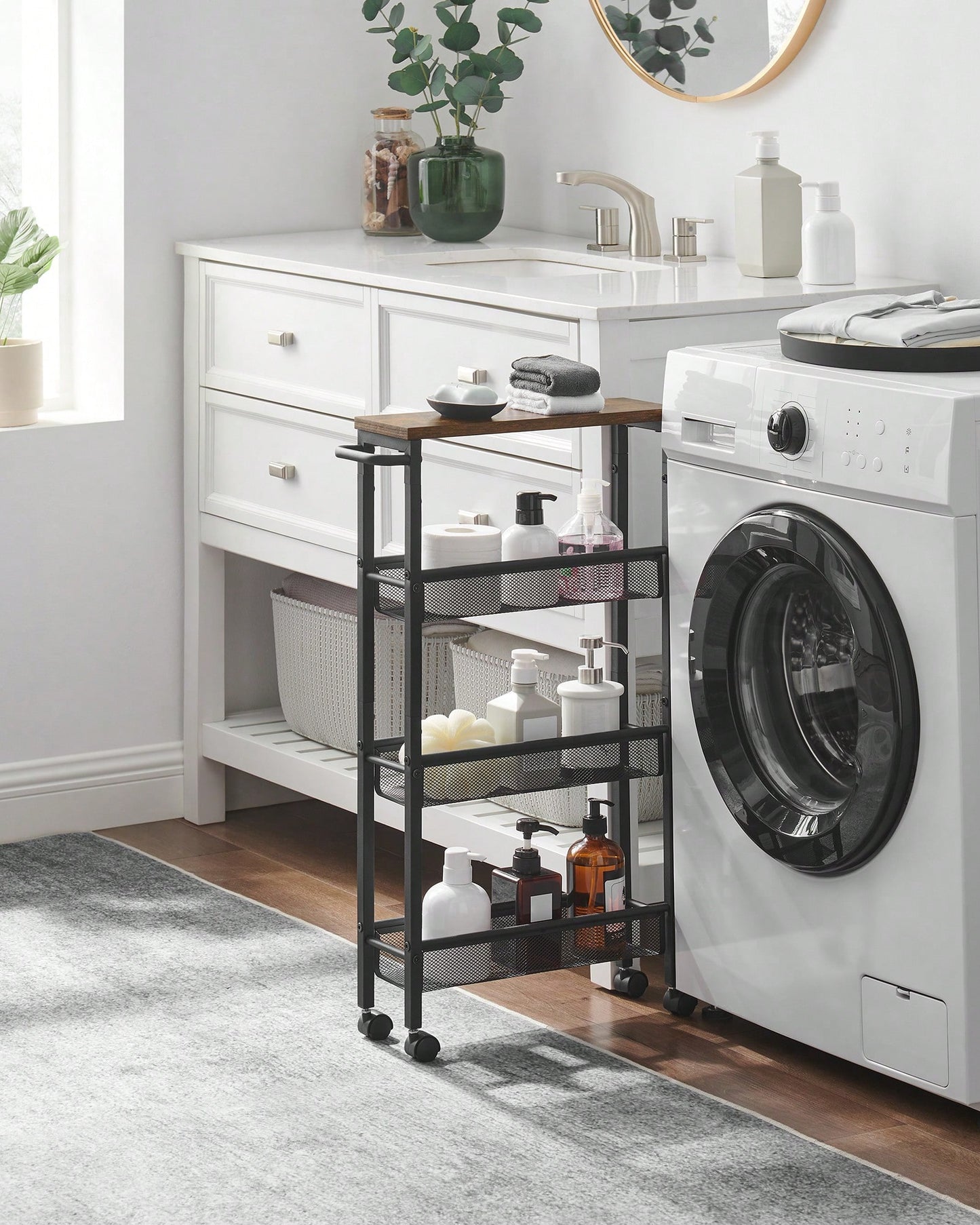 VASAGLE Slim Storage Cart, 4-Tier Rolling Cart Tower, Slide Out Cart With Handle Metal Mobile Shelving Unit For Kitchen Dining Living Room Office Narrow Places