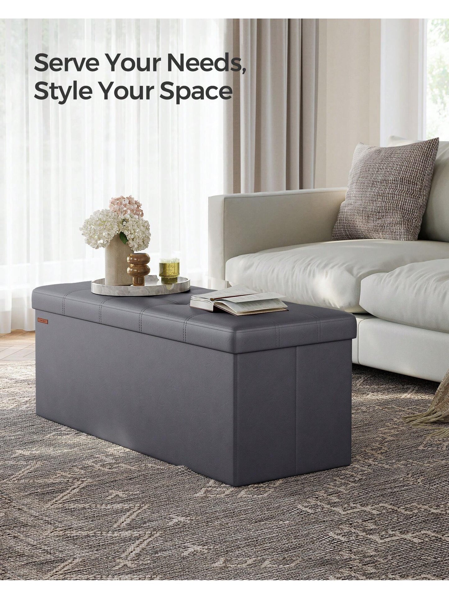 SONGMICS 43 Inches Folding Storage Ottoman Bench Storage Chest Footrest Padded Seat Faux Leather, Holds Up To 660 Lb, Beige, Black, Brown, Light Grey, Coffee Brown, Dark Gray