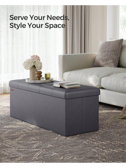 SONGMICS 43 Inches Folding Storage Ottoman Bench Storage Chest Footrest Padded Seat Faux Leather, Holds Up To 660 Lb, Beige, Black, Brown, Light Grey, Coffee Brown, Dark Gray