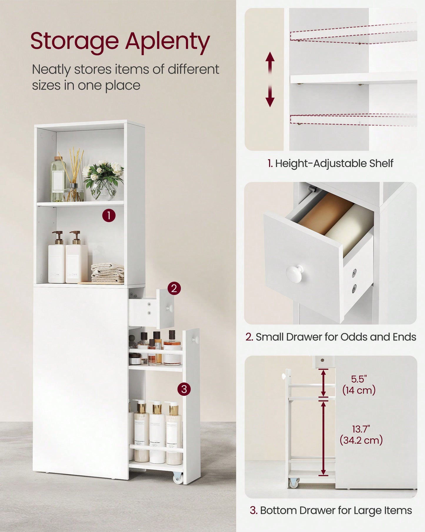 VASAGLE Slim Bathroom Storage Cabinet, Narrow Bathroom Cabinet, Freestanding Cabinet With Storage Drawers And Adjustable Shelf, For Small Spaces, Modern Style Classic White