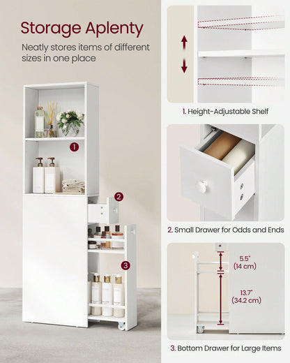 VASAGLE Slim Bathroom Storage Cabinet, Narrow Bathroom Cabinet, Freestanding Cabinet With Storage Drawers And Adjustable Shelf, For Small Spaces, Modern Style Classic White