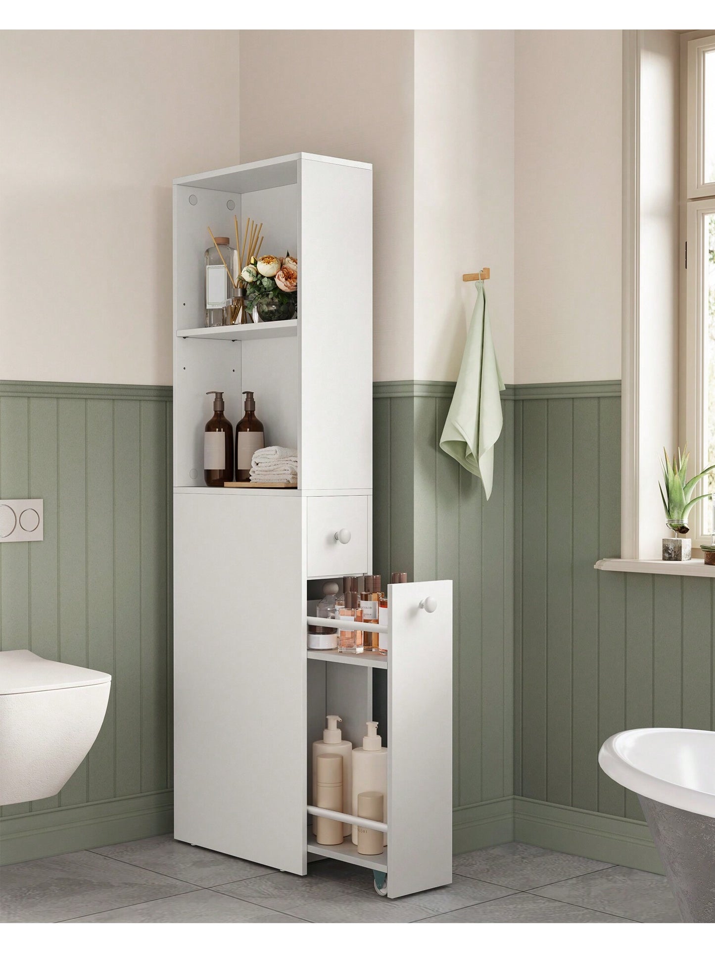 VASAGLE Slim Bathroom Storage Cabinet, Narrow Bathroom Cabinet, Freestanding Cabinet With Storage Drawers And Adjustable Shelf, For Small Spaces, Modern Style Classic White