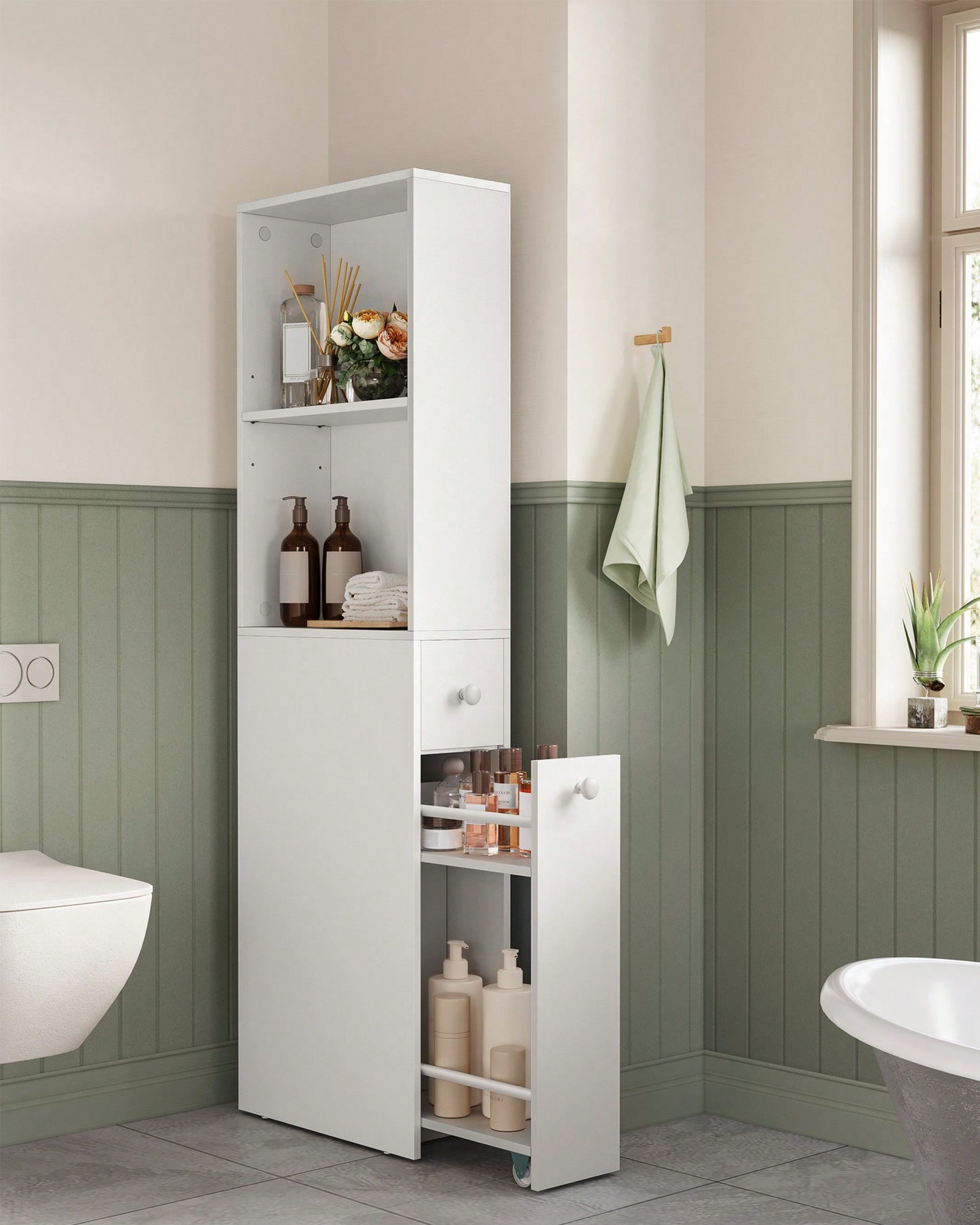 VASAGLE Slim Bathroom Storage Cabinet, Narrow Bathroom Cabinet, Freestanding Cabinet With Storage Drawers And Adjustable Shelf, For Small Spaces, Modern Style Classic White