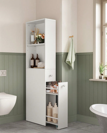 VASAGLE Slim Bathroom Storage Cabinet, Narrow Bathroom Cabinet, Freestanding Cabinet With Storage Drawers And Adjustable Shelf, For Small Spaces, Modern Style Classic White