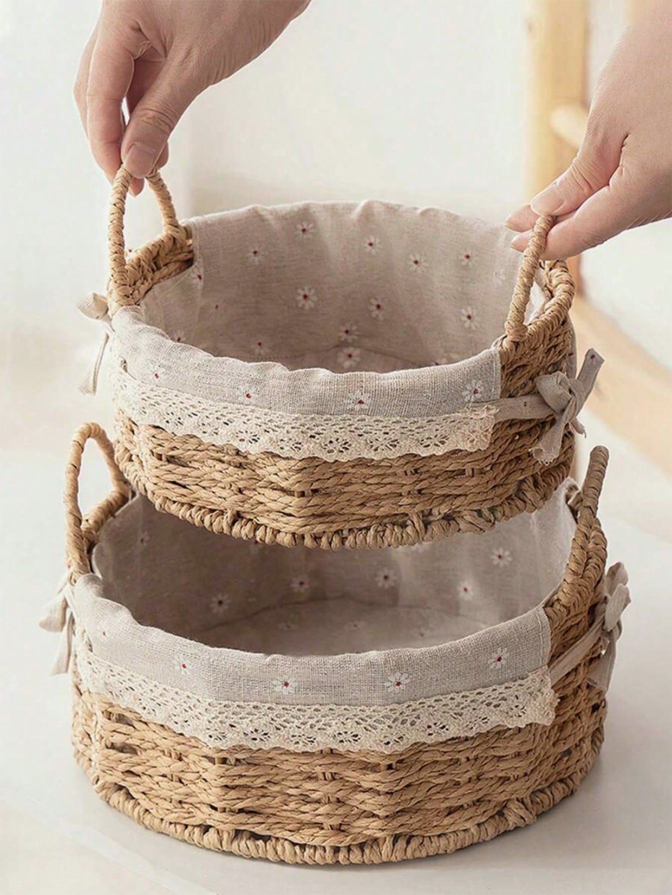 Paper Woven Storage Basket with Handle | Lace Decor Organizer | MIRA