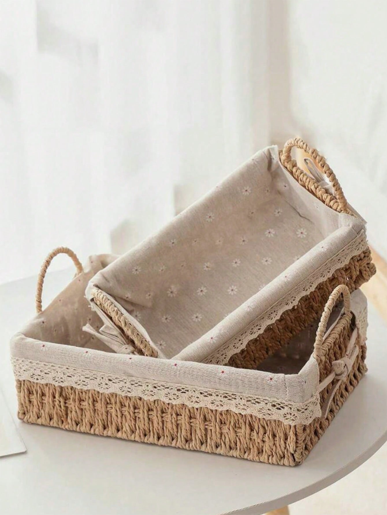 Paper Woven Storage Basket with Handle | Lace Decor Organizer | MIRA