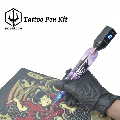 Tattoo Pen Kit - POSEIDON Wireless Tattoo Machine Kit, Tattoo Gun Kit With Tattoo Power Supply And 20 Pcs Tattoo Cartridge Needles, Complete Tattoo Kit Tattoo Supplies For Beginners(TK039)
