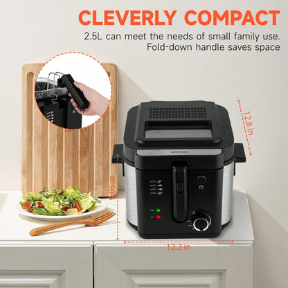 SUSTEAS Deep Fryer With Basket, 1500W Electric Deep Fryers For Home Use With Temperature Control, Removable Lid And 2.5L Non-Stick Inner Pot Easy To Clean 304 Stainless Steel