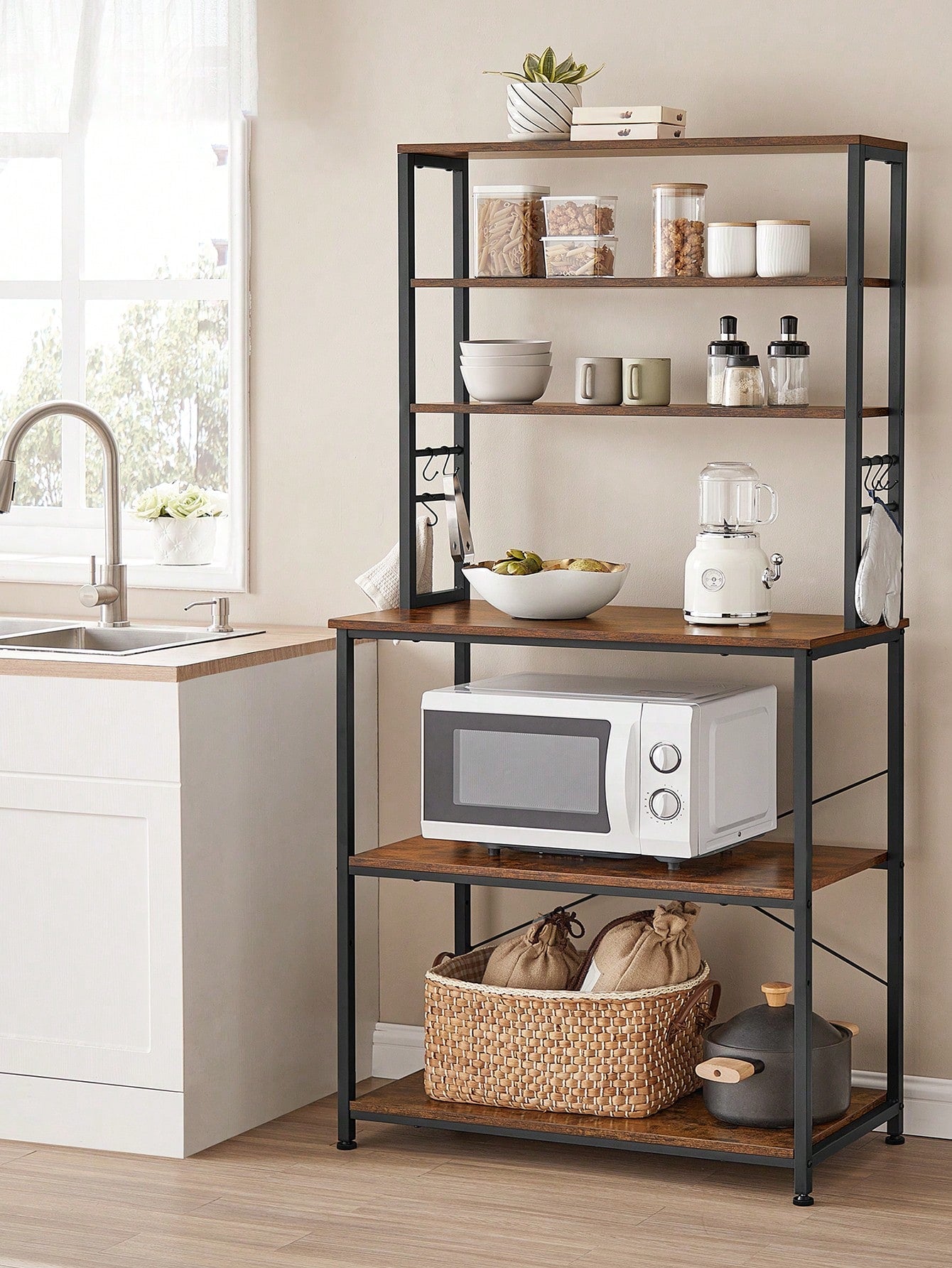 VASAGLE Baker's Rack, Microwave Oven Stand, Kitchen Tall Utility Storage Shelf, 6 Hooks And Metal Frame, Industrial, 15.7 X 31.5 X 65.7 Inches