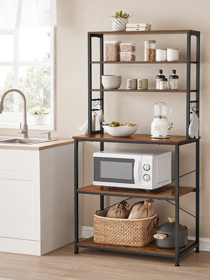 VASAGLE Baker's Rack, Microwave Oven Stand, Kitchen Tall Utility Storage Shelf, 6 Hooks And Metal Frame, Industrial, 15.7 X 31.5 X 65.7 Inches