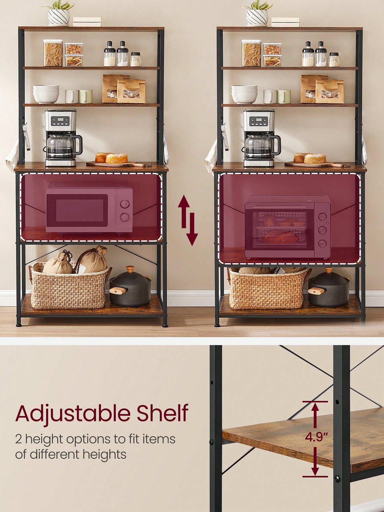 VASAGLE Baker's Rack, Microwave Oven Stand, Kitchen Tall Utility Storage Shelf, 6 Hooks And Metal Frame, Industrial, 15.7 X 31.5 X 65.7 Inches