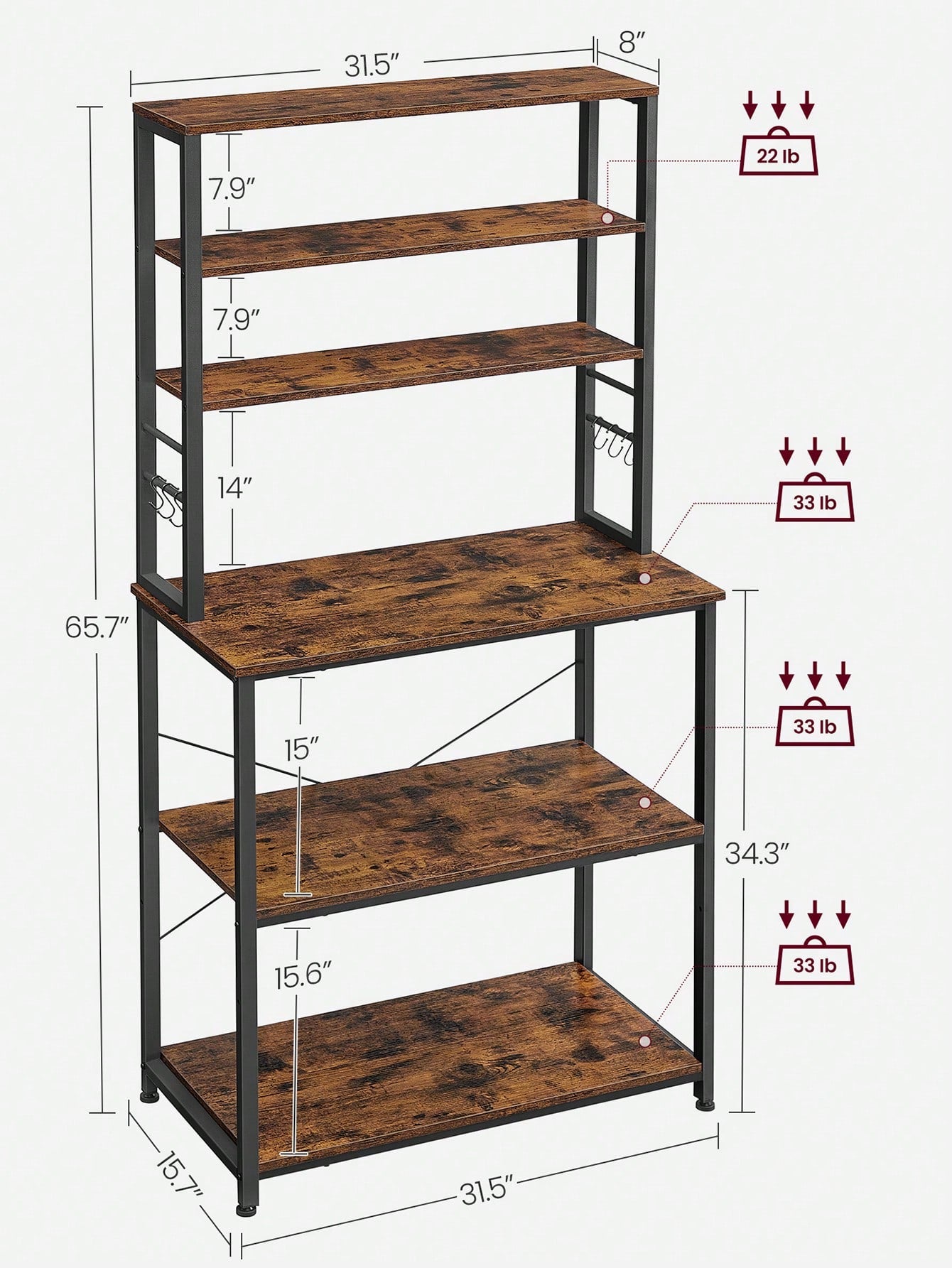 VASAGLE Baker's Rack, Microwave Oven Stand, Kitchen Tall Utility Storage Shelf, 6 Hooks And Metal Frame, Industrial, 15.7 X 31.5 X 65.7 Inches