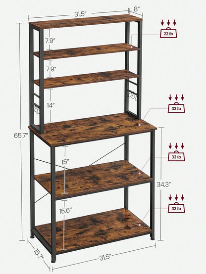 VASAGLE Baker's Rack, Microwave Oven Stand, Kitchen Tall Utility Storage Shelf, 6 Hooks And Metal Frame, Industrial, 15.7 X 31.5 X 65.7 Inches