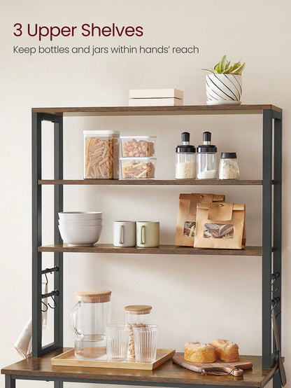 VASAGLE Baker's Rack, Microwave Oven Stand, Kitchen Tall Utility Storage Shelf, 6 Hooks And Metal Frame, Industrial, 15.7 X 31.5 X 65.7 Inches