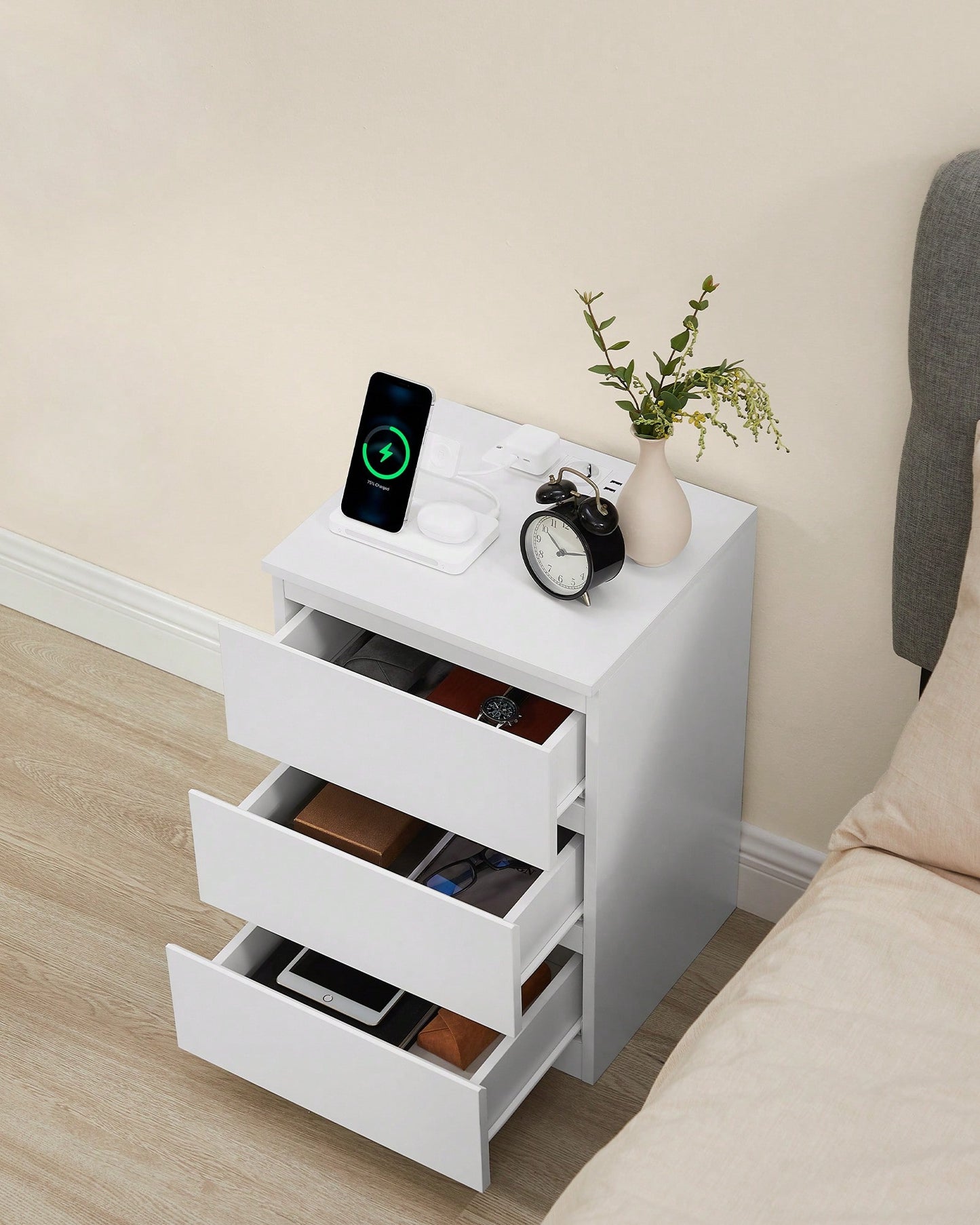 VASAGLE Nightstand With Charging Station, Bedside Table, Side End Table With 3 Drawers, 2 AC Outlets, 2 USB Ports, Beveled Drawer Fronts, For Bedroom, Modern, Ebony Black
