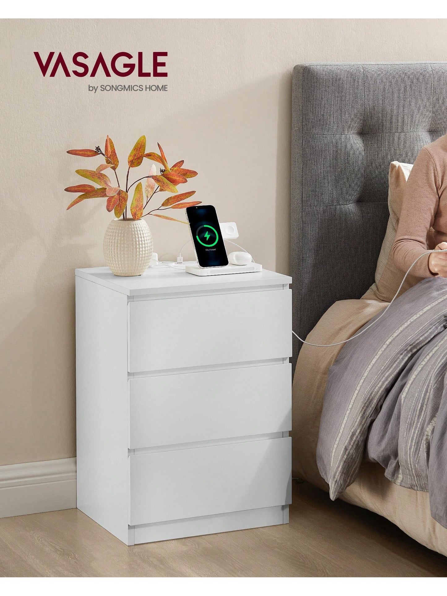 VASAGLE Nightstand With Charging Station, Bedside Table, Side End Table With 3 Drawers, 2 AC Outlets, 2 USB Ports, Beveled Drawer Fronts, For Bedroom, Modern, Ebony Black