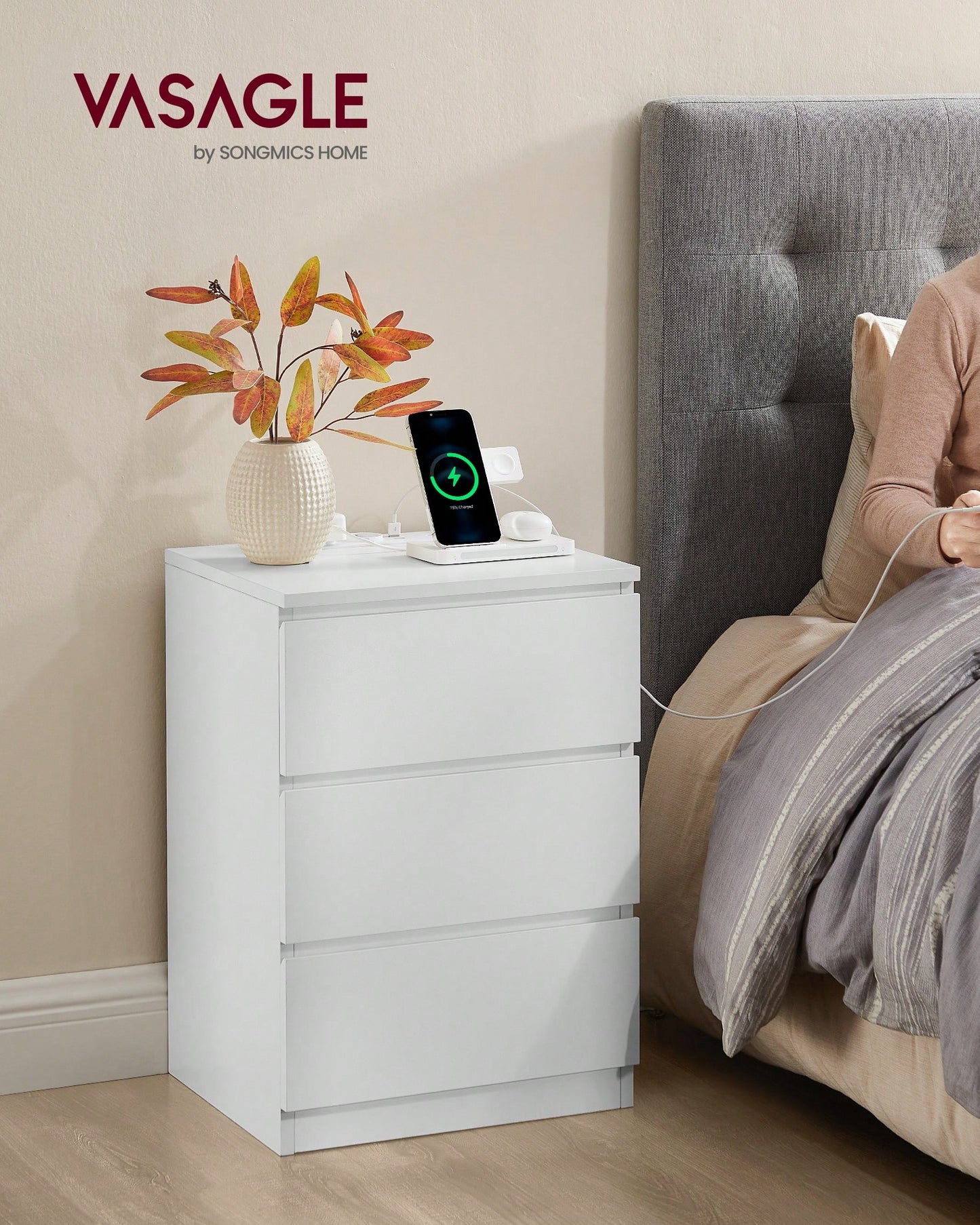 VASAGLE Nightstand With Charging Station, Bedside Table, Side End Table With 3 Drawers, 2 AC Outlets, 2 USB Ports, Beveled Drawer Fronts, For Bedroom, Modern, Ebony Black