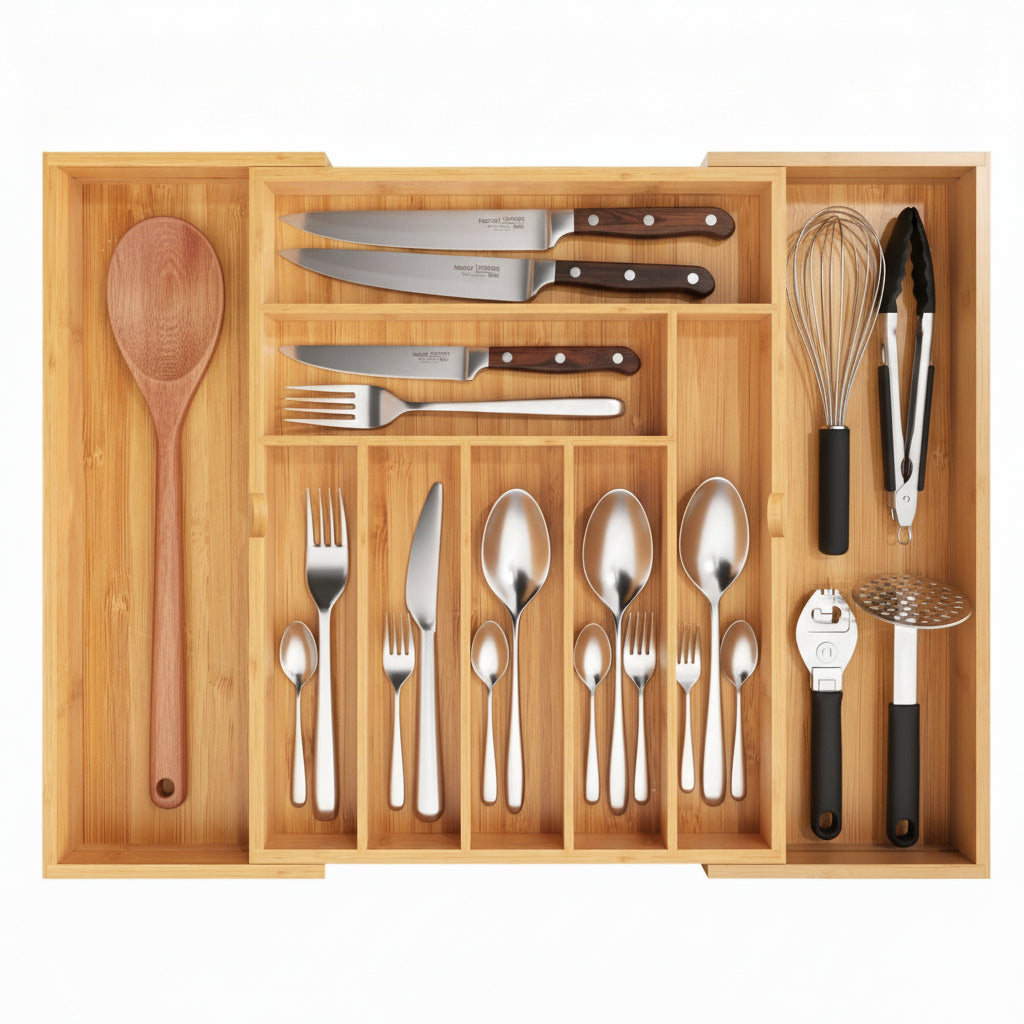 Expandable Bamboo Drawer Organizer | Adjustable Cutlery Tray for Kitchen & Utensils