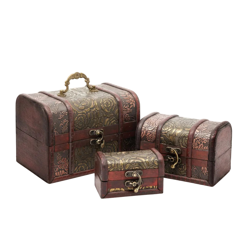 3pcs Vintage Wooden Treasure Chest Jewelry Box | Retro Decorative Storage Set
