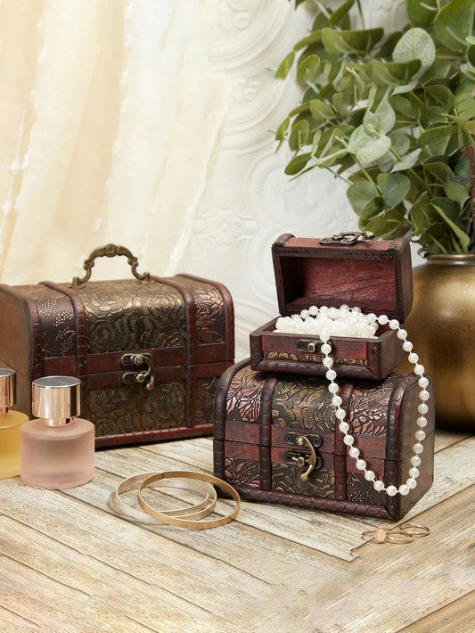 3pcs Vintage Wooden Treasure Chest, Jewelry Box, Decorative Retro Style Jewelry Storage Box, Home Decor, Christmas Gift, New Year Gift, Gift For Men And Women