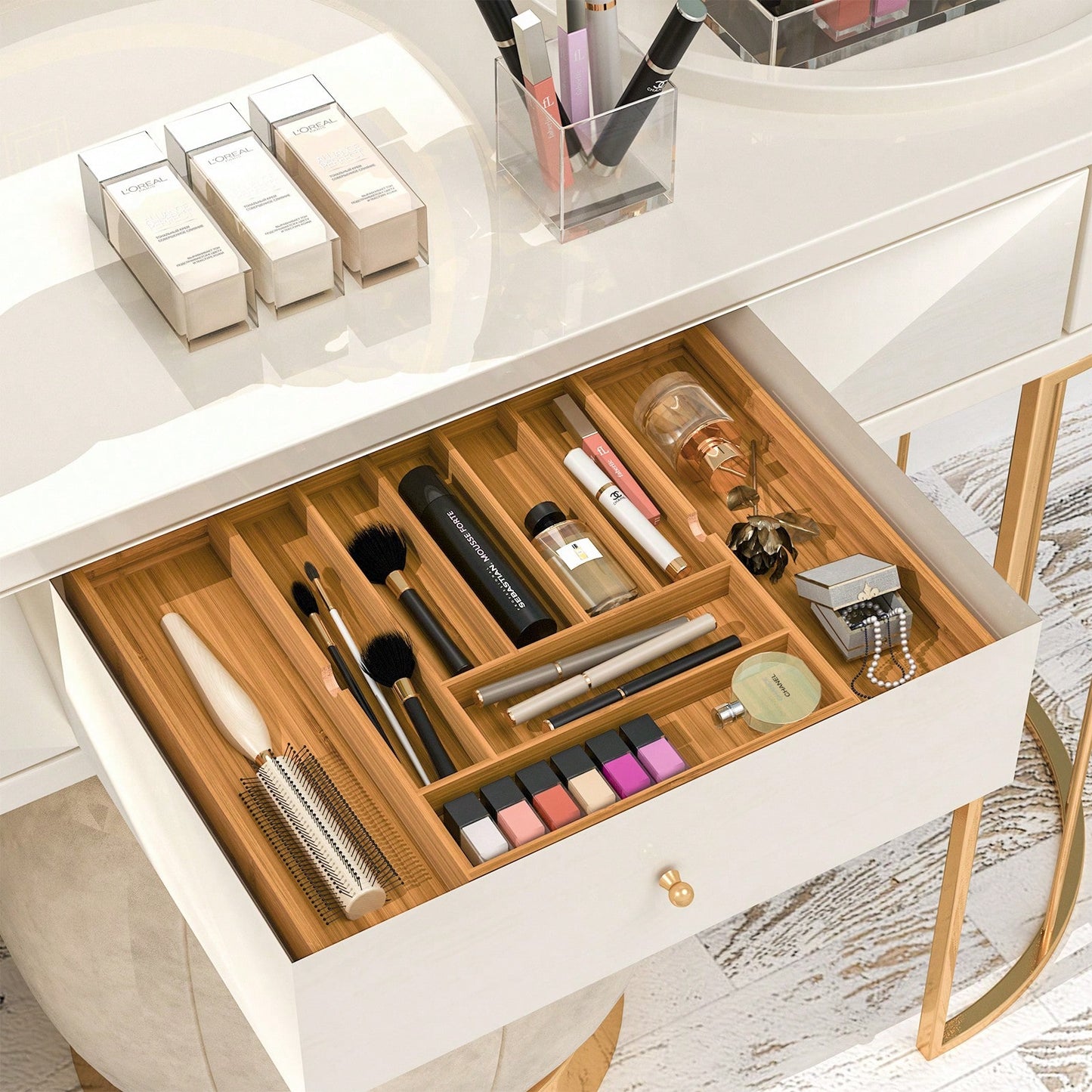 1 Pc Kitchen Expandable Bamboo Drawer Organizer Kitchen Organiser Adjustable Cutlery Tray For Kitchen Utensils, Flatware,Silverware, Jewelry Box, Storage Box