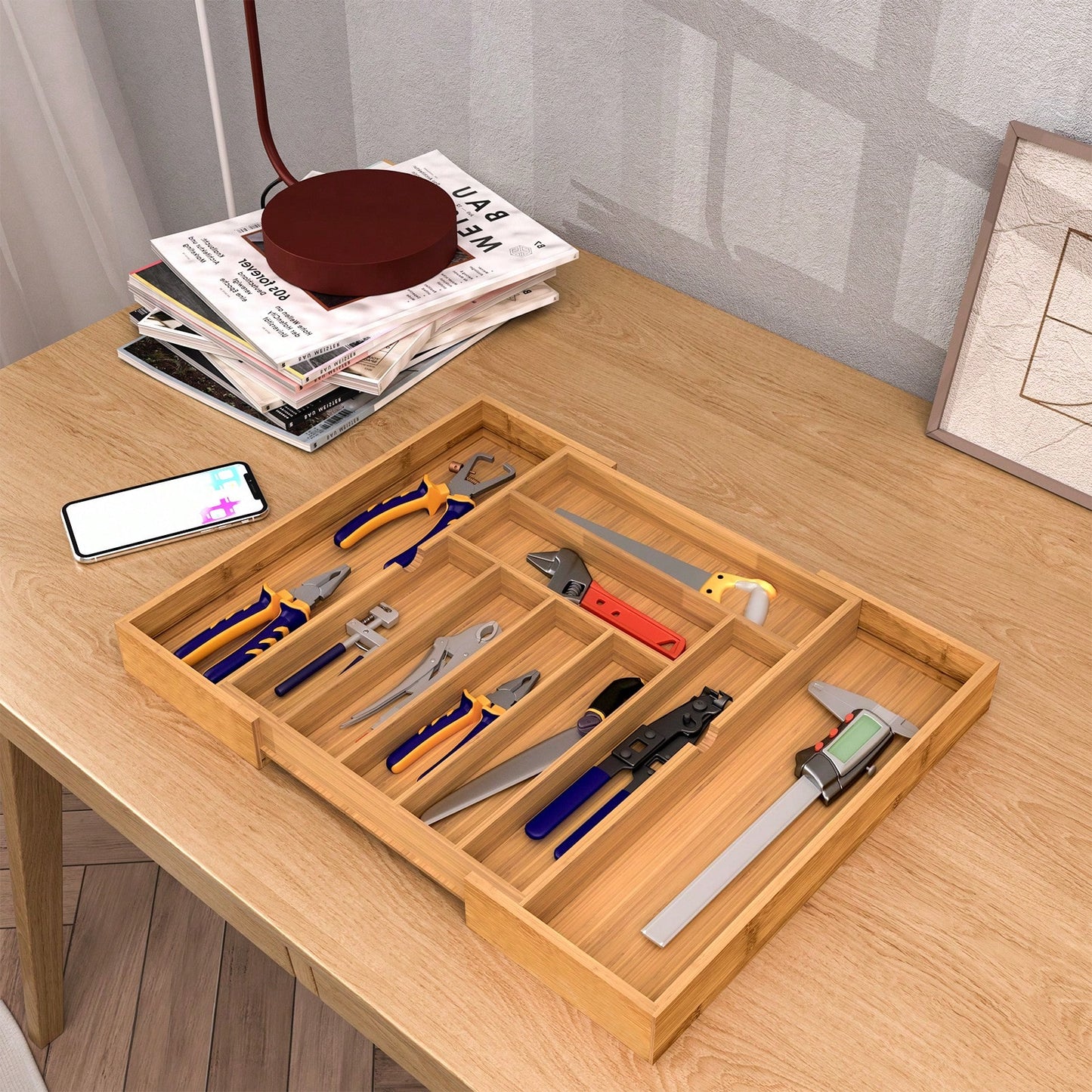 1 Pc Kitchen Expandable Bamboo Drawer Organizer Kitchen Organiser Adjustable Cutlery Tray For Kitchen Utensils, Flatware,Silverware, Jewelry Box, Storage Box