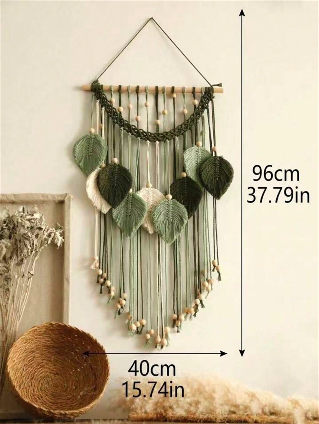 Christmas 1pc Leaf & Feather Macrame Wall Hanging Decoration, Handmade Cotton Rope Wooden Bead Boho Style Art Wall Decor, Suitable For Home, Office, Living Room, Bedroom Home Decor Gift For New Year