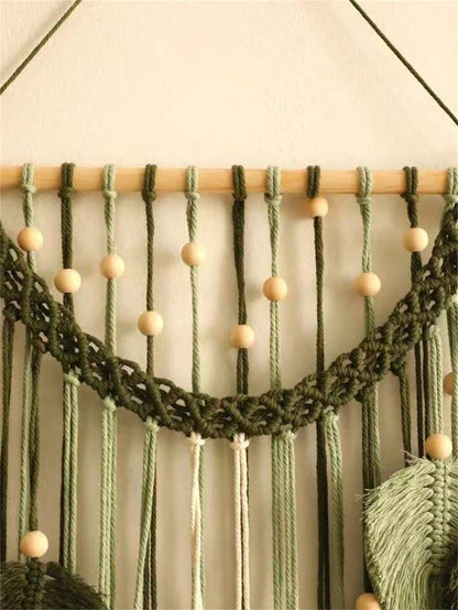 Christmas 1pc Leaf & Feather Macrame Wall Hanging Decoration, Handmade Cotton Rope Wooden Bead Boho Style Art Wall Decor, Suitable For Home, Office, Living Room, Bedroom Home Decor Gift For New Year