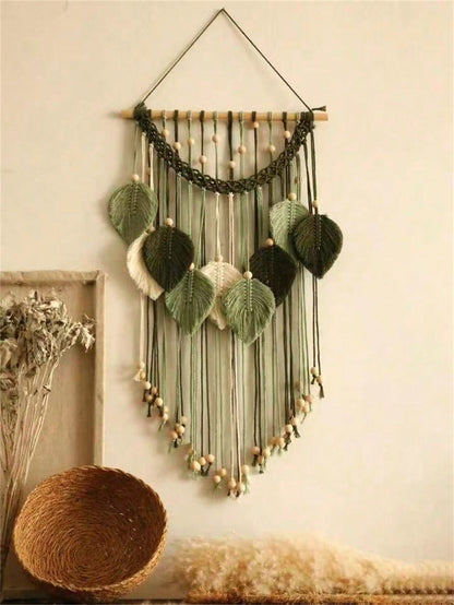 Christmas 1pc Leaf & Feather Macrame Wall Hanging Decoration, Handmade Cotton Rope Wooden Bead Boho Style Art Wall Decor, Suitable For Home, Office, Living Room, Bedroom Home Decor Gift For New Year