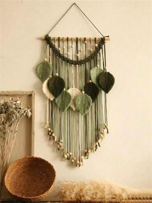 Christmas 1pc Leaf & Feather Macrame Wall Hanging Decoration, Handmade Cotton Rope Wooden Bead Boho Style Art Wall Decor, Suitable For Home, Office, Living Room, Bedroom Home Decor Gift For New Year
