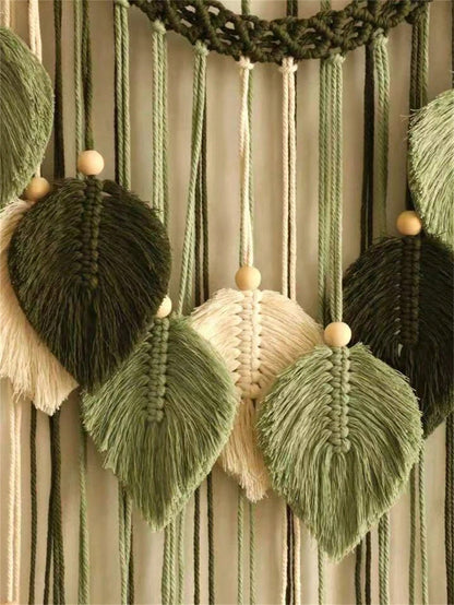 Christmas 1pc Leaf & Feather Macrame Wall Hanging Decoration, Handmade Cotton Rope Wooden Bead Boho Style Art Wall Decor, Suitable For Home, Office, Living Room, Bedroom Home Decor Gift For New Year
