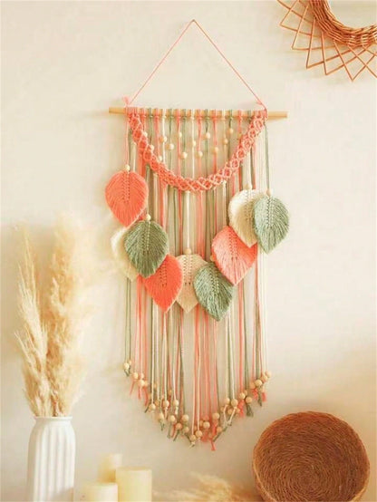 Christmas 1pc Leaf & Feather Macrame Wall Hanging Decoration, Handmade Cotton Rope Wooden Bead Boho Style Art Wall Decor, Suitable For Home, Office, Living Room, Bedroom Home Decor Gift For New Year
