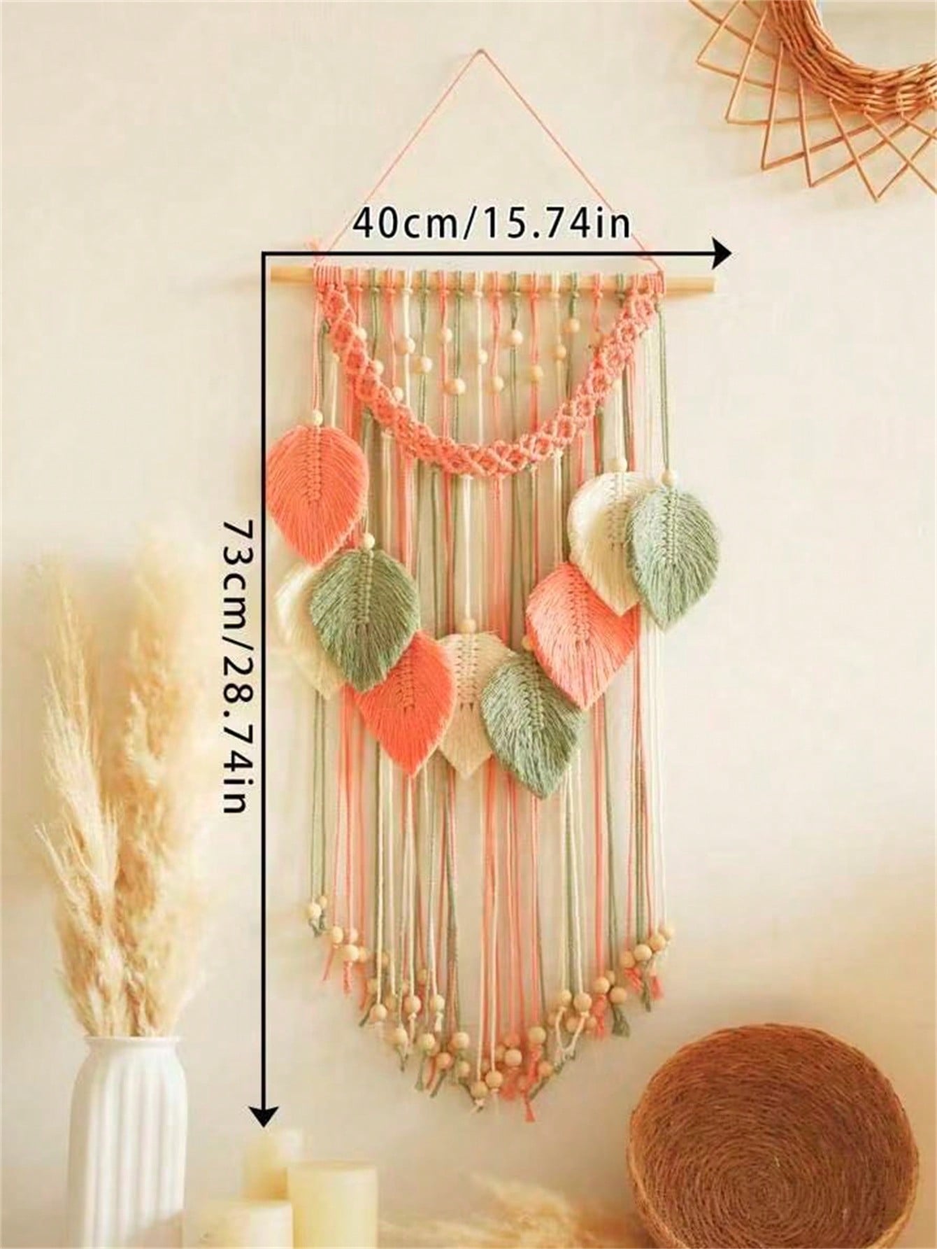 Christmas 1pc Leaf & Feather Macrame Wall Hanging Decoration, Handmade Cotton Rope Wooden Bead Boho Style Art Wall Decor, Suitable For Home, Office, Living Room, Bedroom Home Decor Gift For New Year
