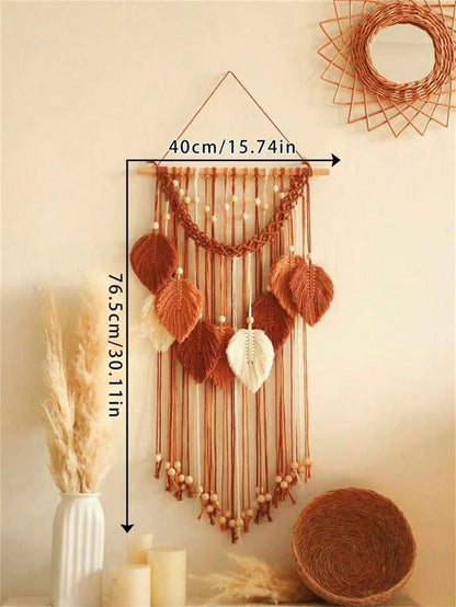 Christmas 1pc Leaf & Feather Macrame Wall Hanging Decoration, Handmade Cotton Rope Wooden Bead Boho Style Art Wall Decor, Suitable For Home, Office, Living Room, Bedroom Home Decor Gift For New Year