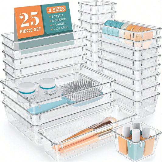 4/8/13/18/25/37 PCS Plastic Square Transparent Divided Storage Boxes, Large Capacity 4 Sizes Multi-Functional Household Organizer Boxes For Kitchen, Bathroom, Office, Bedroom, Cutlery, Cosmetics, School Supplies, Living Goods