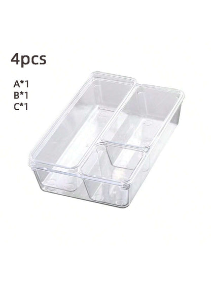4/8/13/18/25/37 PCS Plastic Square Transparent Divided Storage Boxes, Large Capacity 4 Sizes Multi-Functional Household Organizer Boxes For Kitchen, Bathroom, Office, Bedroom, Cutlery, Cosmetics, School Supplies, Living Goods