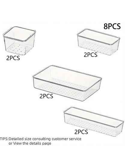 4/8/13/18/25/37 PCS Plastic Square Transparent Divided Storage Boxes, Large Capacity 4 Sizes Multi-Functional Household Organizer Boxes For Kitchen, Bathroom, Office, Bedroom, Cutlery, Cosmetics, School Supplies, Living Goods