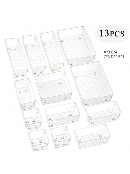 4/8/13/18/25/37 PCS Plastic Square Transparent Divided Storage Boxes, Large Capacity 4 Sizes Multi-Functional Household Organizer Boxes For Kitchen, Bathroom, Office, Bedroom, Cutlery, Cosmetics, School Supplies, Living Goods