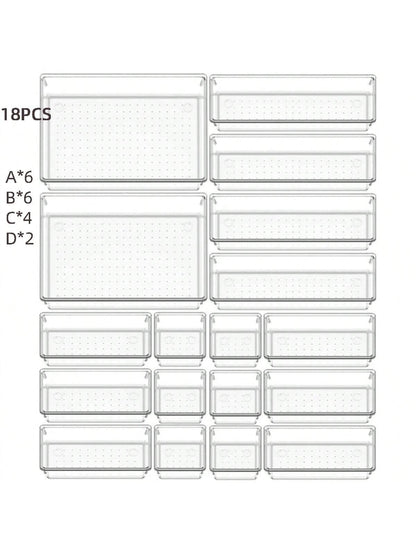 4/8/13/18/25/37 PCS Plastic Square Transparent Divided Storage Boxes, Large Capacity 4 Sizes Multi-Functional Household Organizer Boxes For Kitchen, Bathroom, Office, Bedroom, Cutlery, Cosmetics, School Supplies, Living Goods