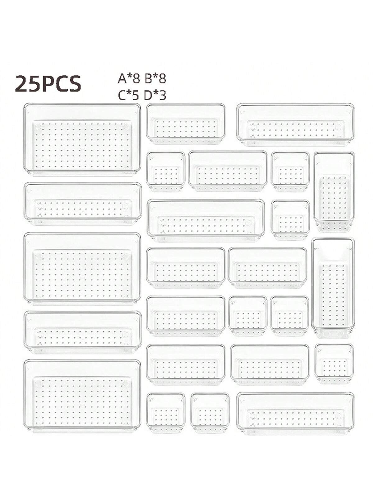 4/8/13/18/25/37 PCS Plastic Square Transparent Divided Storage Boxes, Large Capacity 4 Sizes Multi-Functional Household Organizer Boxes For Kitchen, Bathroom, Office, Bedroom, Cutlery, Cosmetics, School Supplies, Living Goods